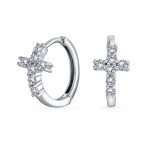 Religious Cubic Zirconia CZ Cross Huggies Mini Hoop Earrings .925 Sterling Silver