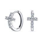 Religious Cubic Zirconia CZ Cross Huggies Mini Hoop Earrings .925 Sterling Silver