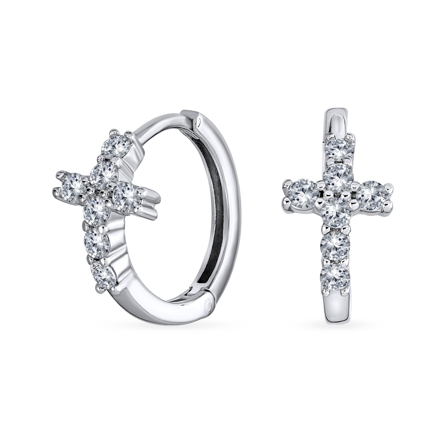 pave-silver-cz-earring-hoop-cross_pfs-52-2019-az_1 Religious Cubic Zirconia CZ Cross Huggies Mini Hoop Earrings .925 Sterling Silver - Image 1