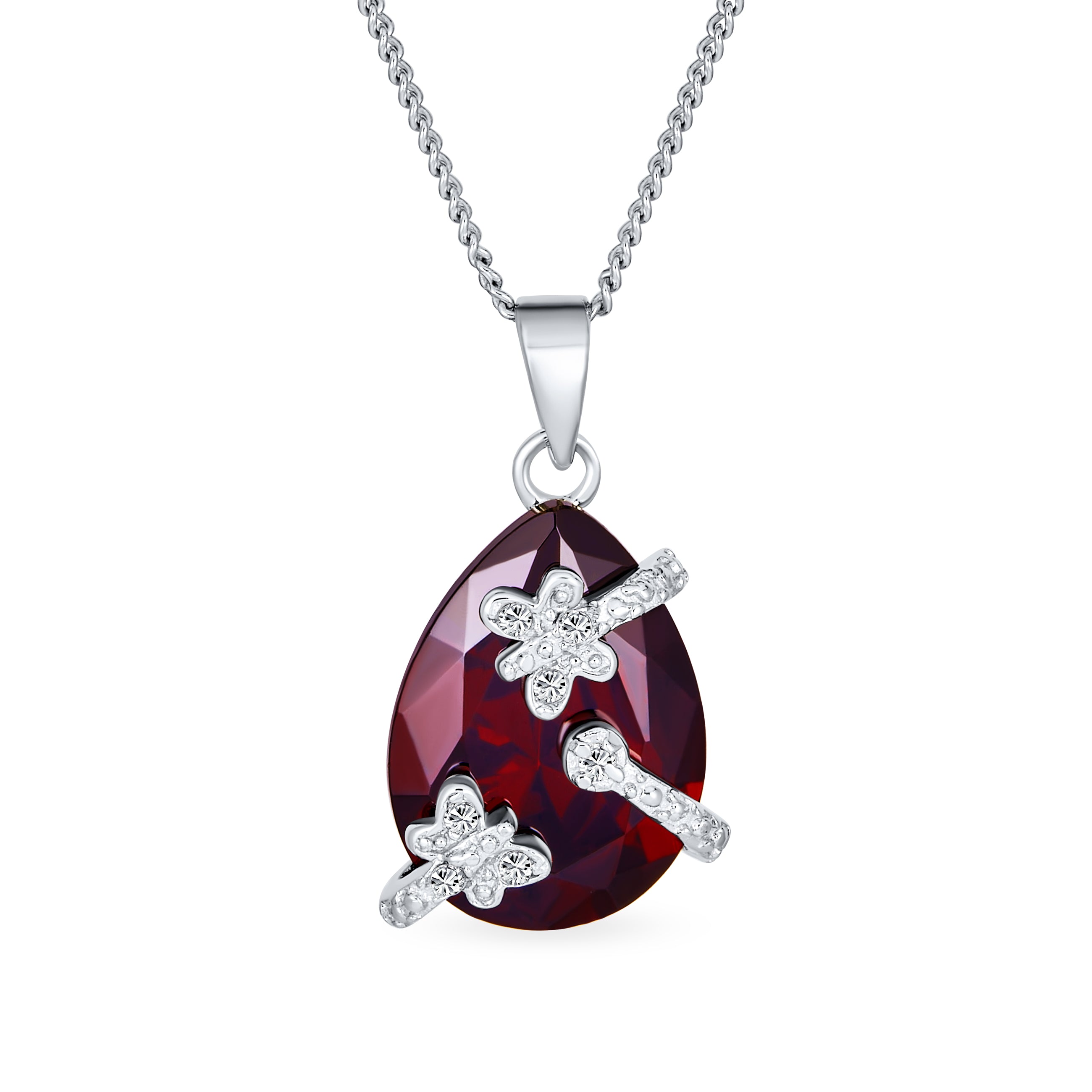 pave-wrapped-butterfly-ruby-teardrop-pendant-mdr-3025n-004-az_01 Romantic Pave Butterfly Ruby Red Teardrop Pendant Necklace Sterling Silver Chain - Image 1