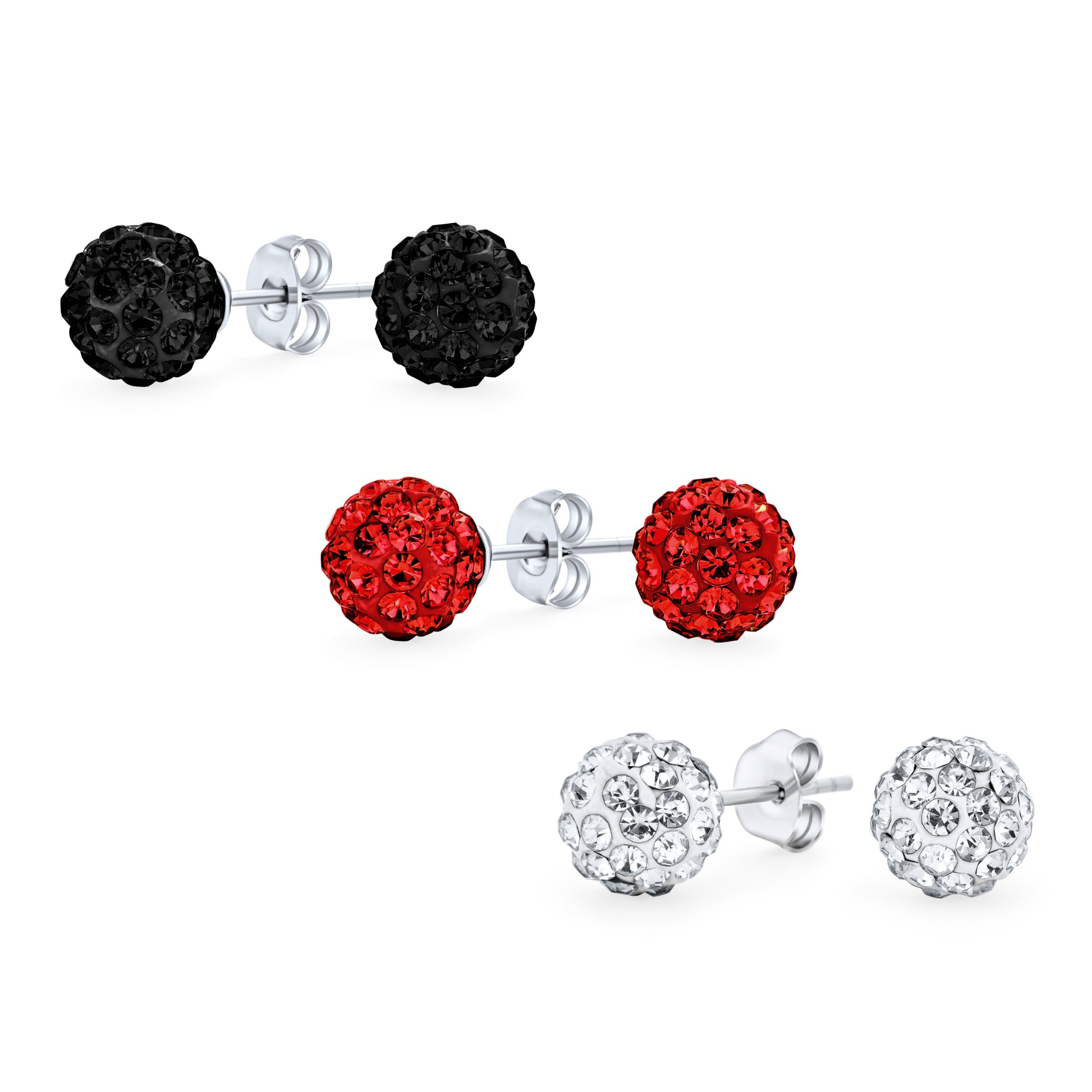 pave_crystal_disco_ball_earrings_cb-er137061 Set of 3 Red Black Clear Crystals Ball Stud Earrings Sterling Silver Post - Image 1