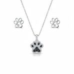 Black & White CZ Dog Cat Puppy Pet Paw Necklace & Earrings Set Sterling Silver