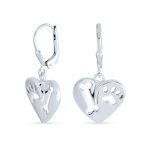 I Love My Dog Paw Print Dangle Heart Shape Earrings Animal Lover .925 Sterling Silver Lever back