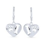I Love My Dog Paw Print Dangle Heart Shape Earrings Animal Lover .925 Sterling Silver Lever back - Image 3