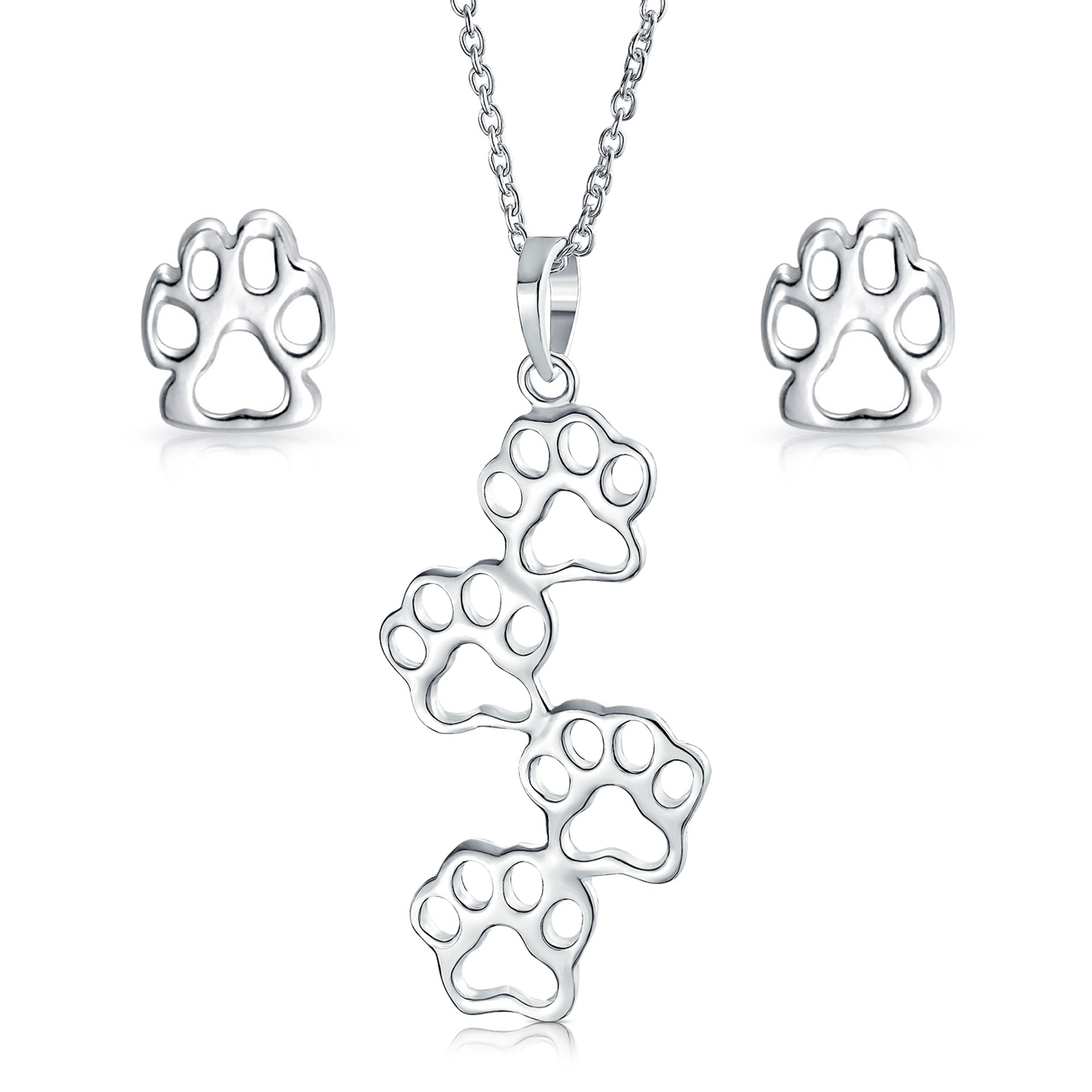 paw_necklace_earring_set_srn-djpt7057set-az Animal Pet 4 Multi Paw Prints Charm Pendant Necklace & Stud Earrings Set .925 Sterling Silver - Image 1