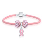 Empowerment Pink Ribbon Charm Bracelet - Genuine Leather Silver Clasp 6-8 Inch