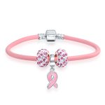 Empowerment Pink Ribbon Charm Bracelet - Genuine Leather Silver Clasp 6-8 Inch