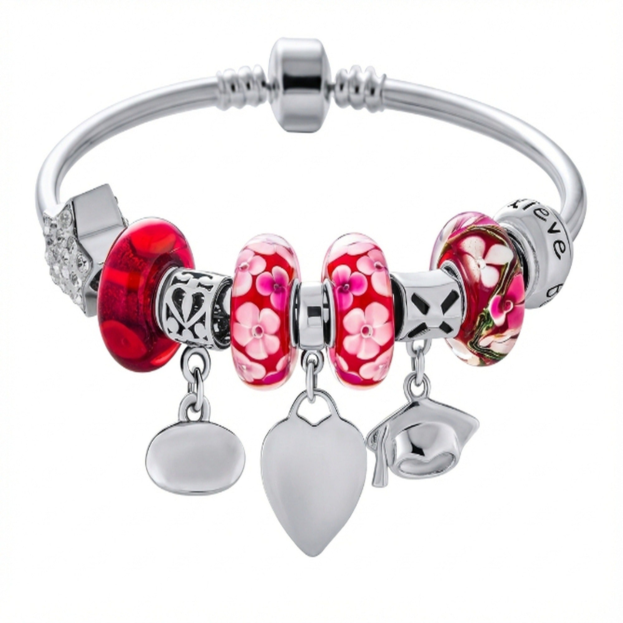 pbx-br-gradbg-az_20-_20heart_20graduation_20charm_20bracelet Graduation Cap Honor Student Good Luck Charms Bangle Sterling Silver - Image 1