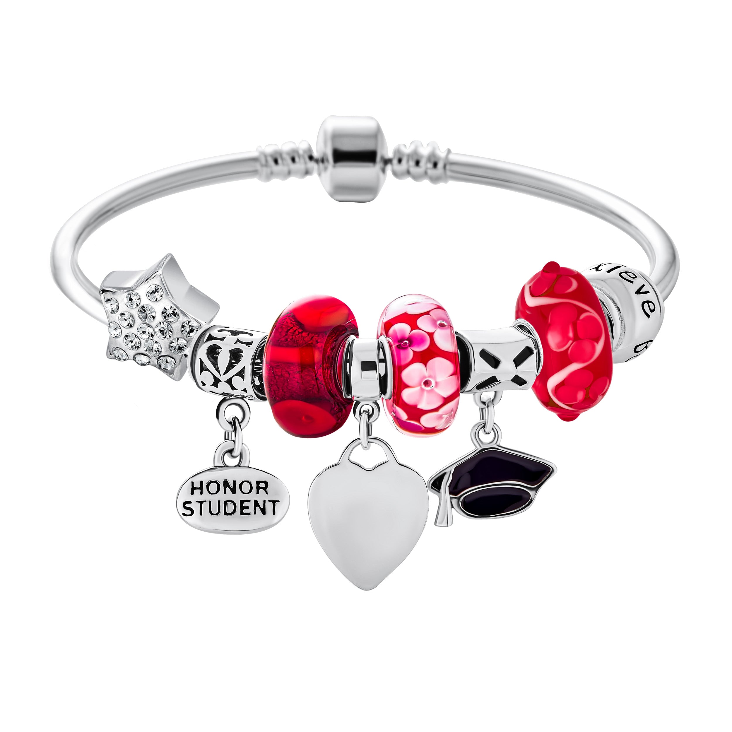 pbx-br-pnkgrad-1-new Cap Honor Student Luck Heart Bead Charms Bracelet 925 Sterling Silver - Image 1