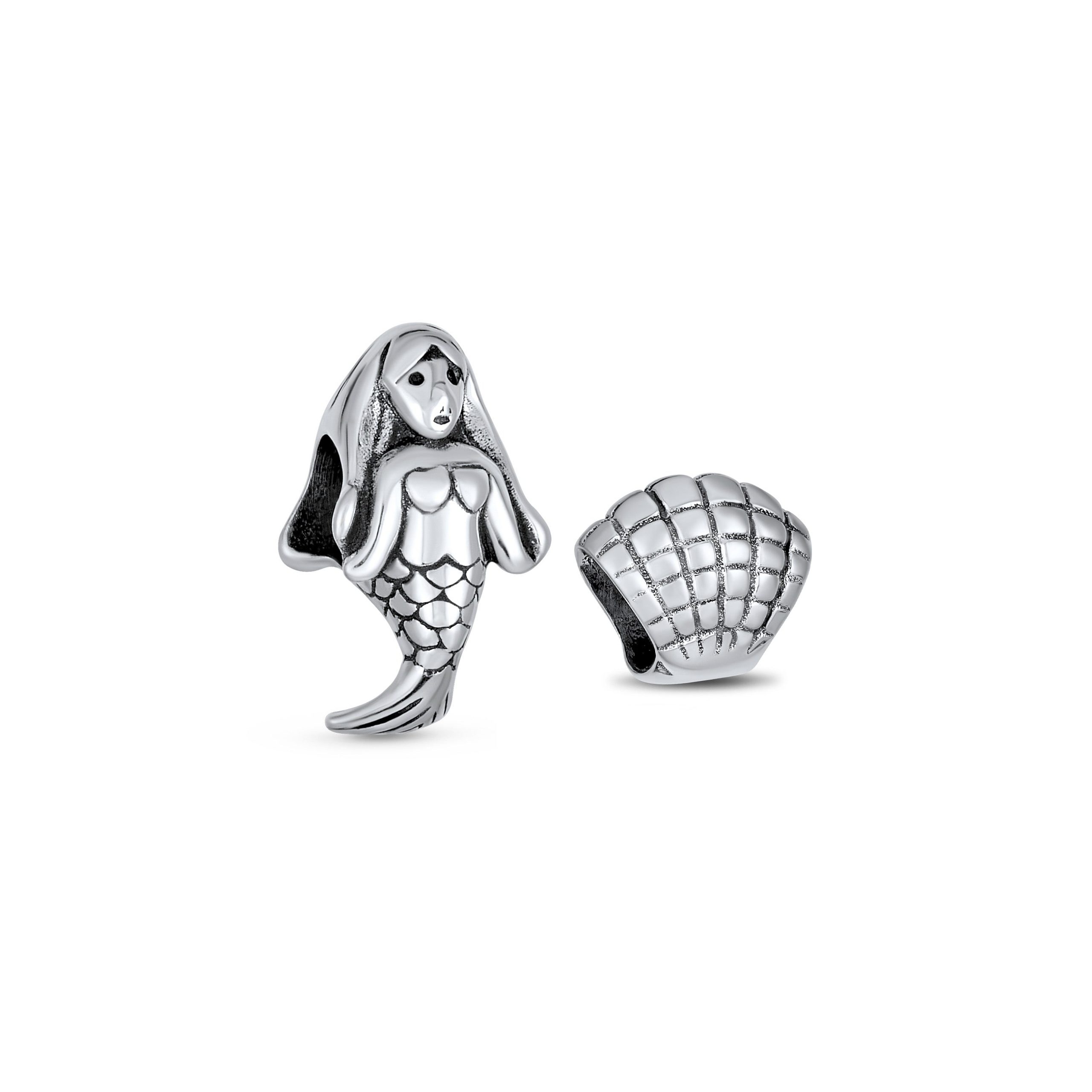 pbx-hg-689-set-az Set of 2 Nautical Clam Shell and Sea Nymph Mermaid Charm Bead Sterling Silver - Image 1