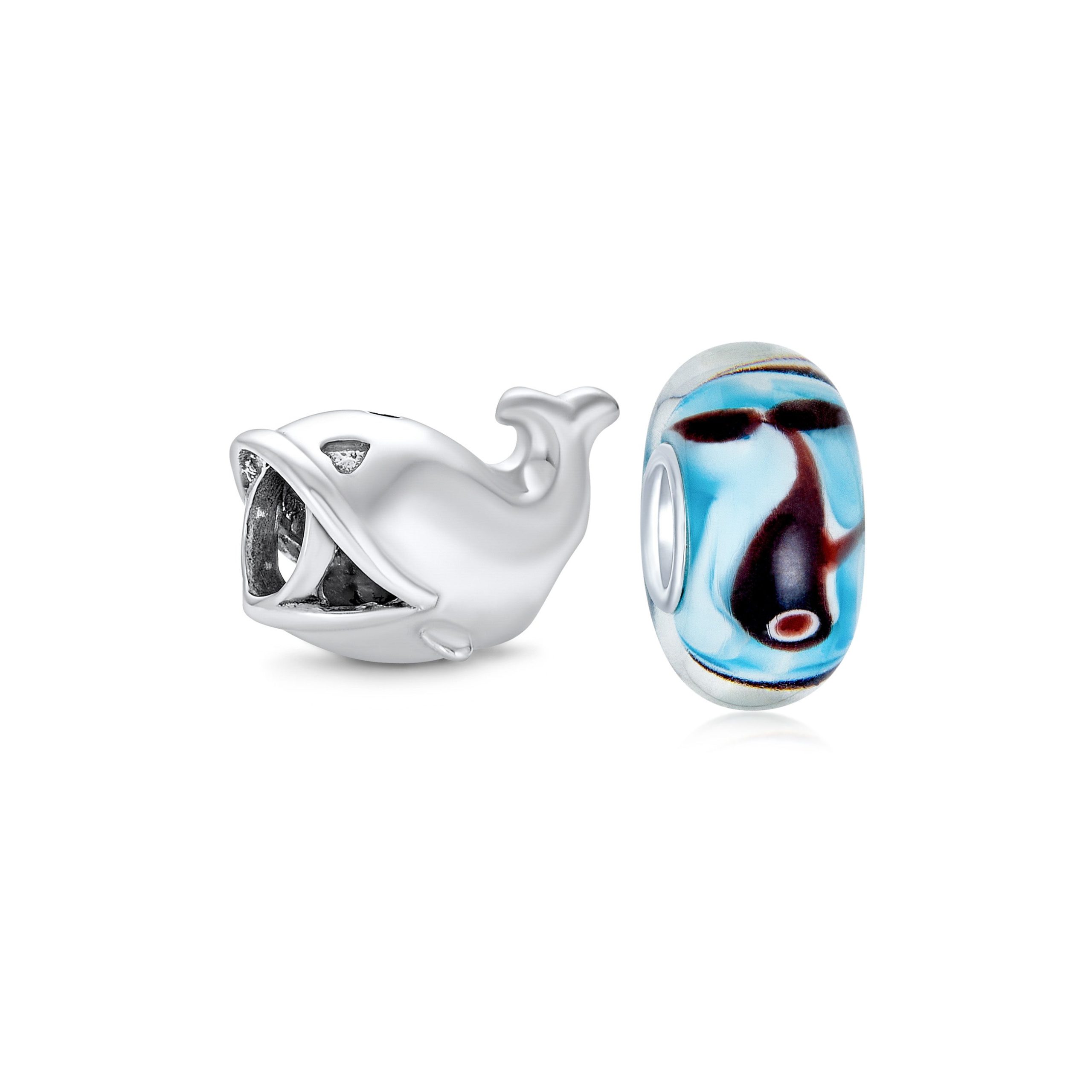 pbx-hs-738-set-az Set of 2 Nautical Ocean Whale Charm Bead Glass Oxidized Sterling Silver - Image 1