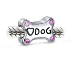 Sterling Silver Dog Bone Pink CZ Heart Charm Bead Bracelet Puppy Pet Theme - Image 2