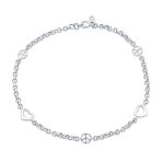 Peace Sign & Hearts Charm Anklet Ankle Bracelet .925 Sterling Silver Adjustable 9-10 Inch