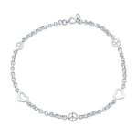 Peace Sign & Hearts Charm Anklet Ankle Bracelet .925 Sterling Silver Adjustable 9-10 Inch
