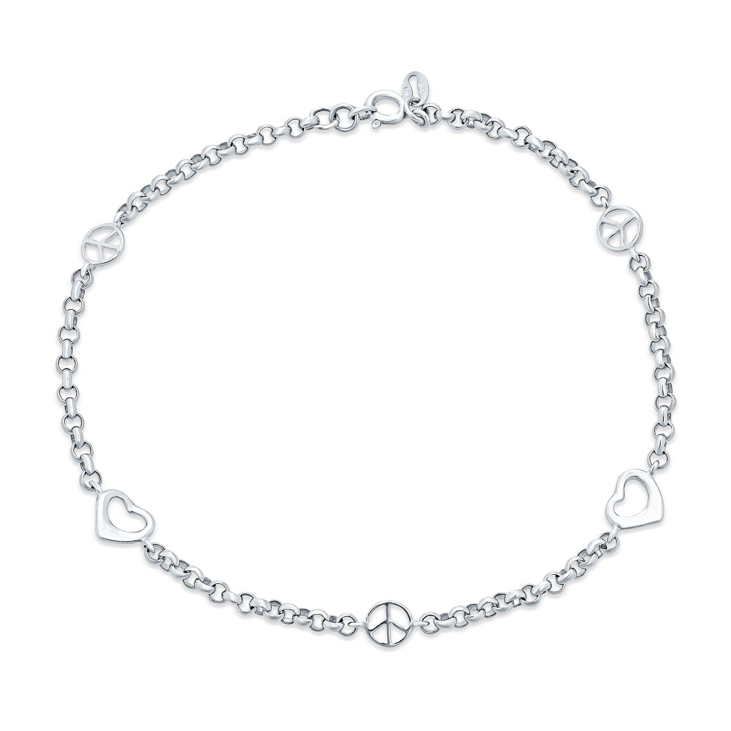 peace-anklet-heart-silver-open_gb-ank740_1 Peace Sign & Hearts Charm Anklet Ankle Bracelet .925 Sterling Silver Adjustable 9-10 Inch - Image 1