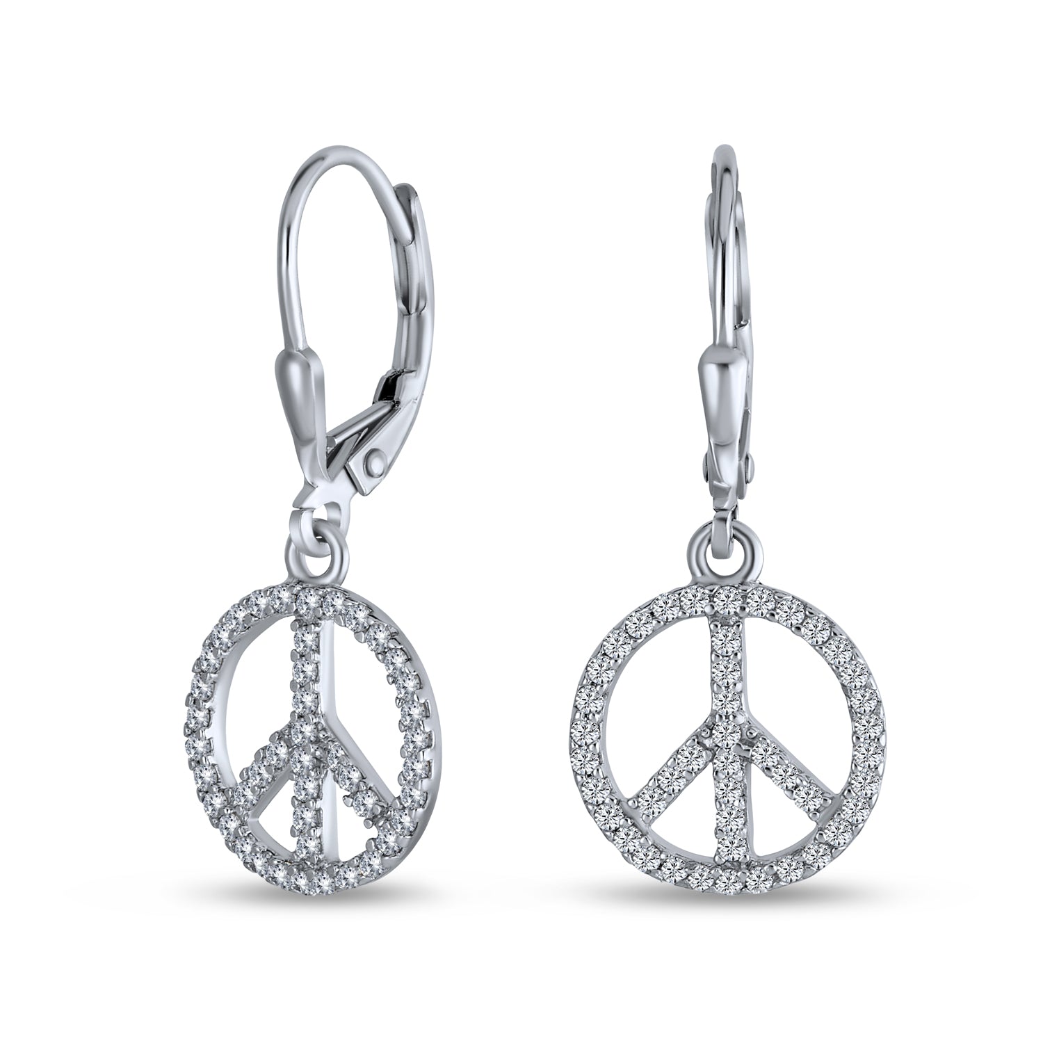 peace-sign-earrings-silver-cz_mdr-3621e-027_1 Rose Gold Dangle Chandelier Earrings with Peace Sign & CZ Pave Sterling Silver - Image 1