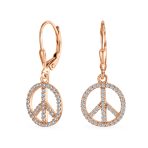 Rose Gold Dangle Chandelier Earrings with Peace Sign & CZ Pave Sterling Silver - Image 2