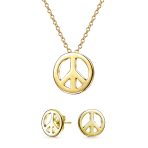 Peace Symbol Pendant Charm Necklace and Earring Set Gold Plated Sterling Silver