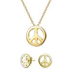 Peace Symbol Pendant Charm Necklace and Earring Set Gold Plated Sterling Silver