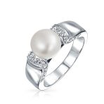 Art Deco Style White Freshwater Cultured Pearl Ring Pave CZ Accent Band