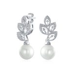 Bridal Vintage Dangle Chandelier Earrings with CZ Leaf & Simulated Pearl Drop - Image 2