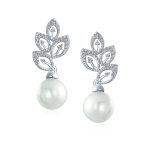 Bridal Vintage Dangle Chandelier Earrings with CZ Leaf & Simulated Pearl Drop - Image 4