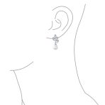 Bridal Vintage Dangle Chandelier Earrings with CZ Leaf & Simulated Pearl Drop - Image 6