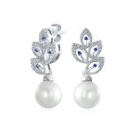 Bridal Vintage Dangle Chandelier Earrings with CZ Leaf & Simulated Pearl Drop
