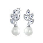 Bridal Vintage Dangle Chandelier Earrings with CZ Leaf & Simulated Pearl Drop
