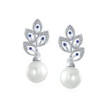 Bridal Vintage Dangle Chandelier Earrings with CZ Leaf & Simulated Pearl Drop - Image 3