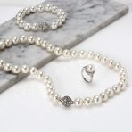 Classic Faux 10MM White Pearl Strand Necklace Crystal Ball Clasp 16 Inch - Image 6