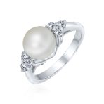 Bridal CZ Halo Pearl Cocktail Statement Ring in Sterling Silver Solitaire Style