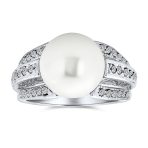Cocktail Large White Pearl Fashion Statement Ring Pave CZ Band Silver Plated