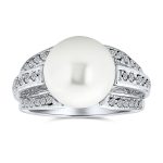 Cocktail Large White Pearl Fashion Statement Ring Pave CZ Band Silver Plated