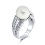 Cocktail Large White Pearl Fashion Statement Ring Pave CZ Band Silver Plated - Image 2