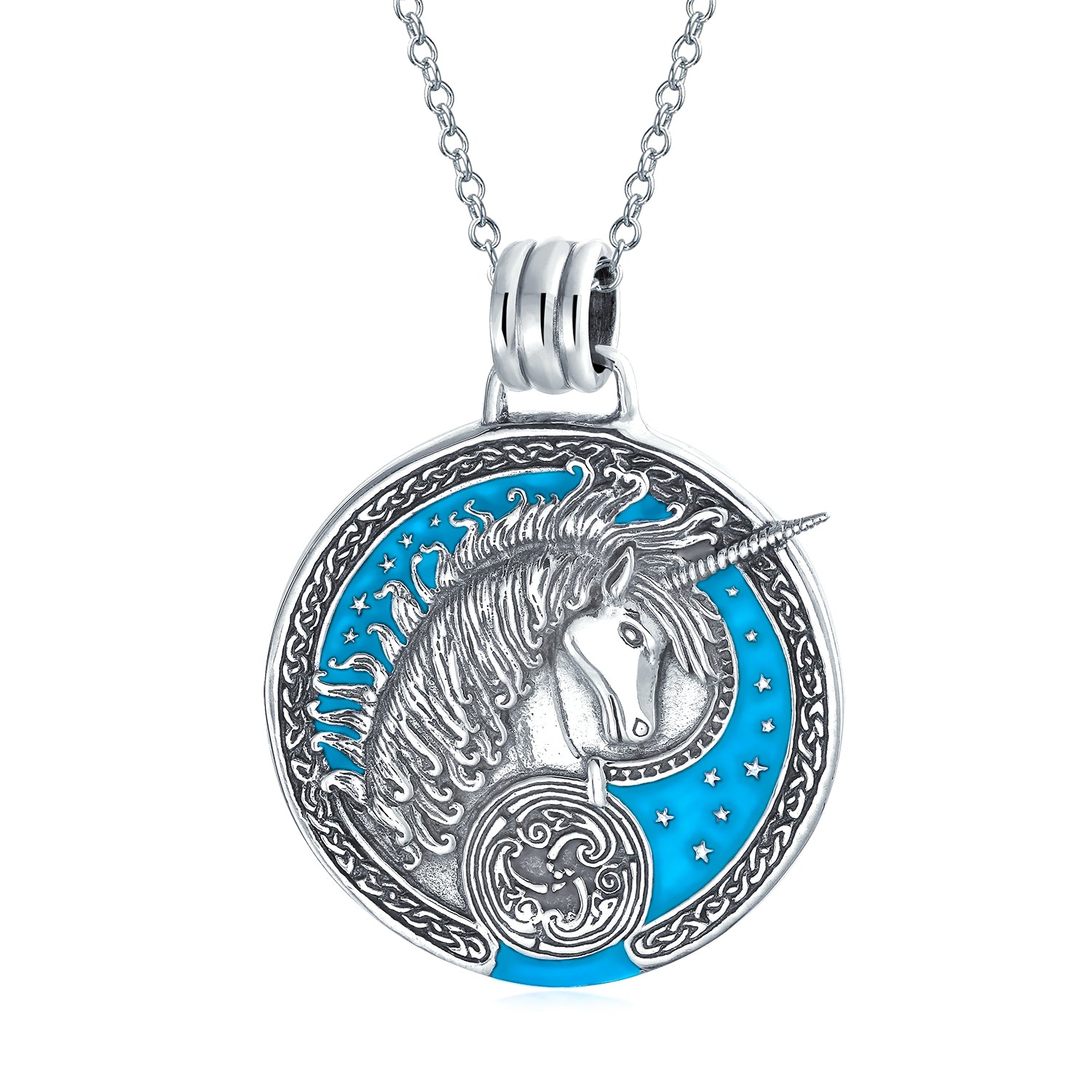 pegasus-medallion-blue-unicorn-silver-ps-tp3432_01 Unisex Pegasus Medallion Celestial Blue Pendant Necklace in Sterling Silver - Image 1