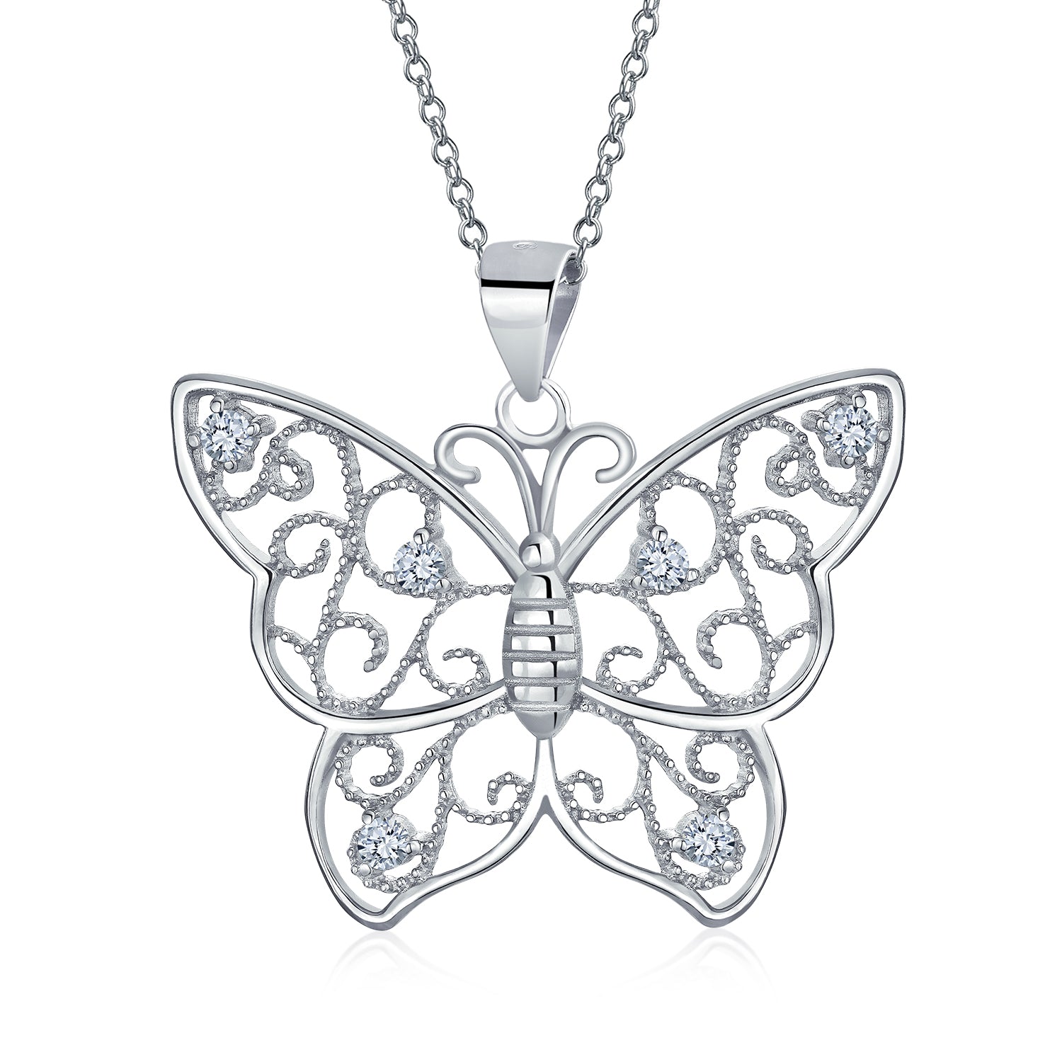 pendant-butterfly-necklace-silver-cz_sls-255p1503_1 Large Filigree Butterfly Pendant Necklace with CZ Accents in Sterling Silver - Image 1