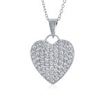 Large CZ Puff Heart Shape Pendant Necklace Silver Filigree