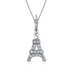 Rose Gold Eiffel Tower Pendant Necklace Cubic Zirconia Pave on Sterling Silver