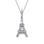 Rose Gold Eiffel Tower Pendant Necklace Cubic Zirconia Pave on Sterling Silver