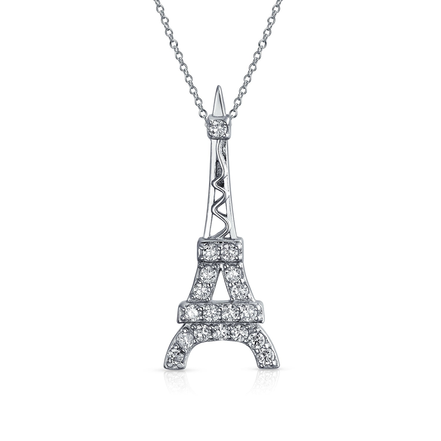 pendant-silver-eiffel-tower-cz_scy-pd01239a-az_1_1 Rose Gold Eiffel Tower Pendant Necklace Cubic Zirconia Pave on Sterling Silver - Image 1