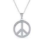 Pave CZ Peace Sign Pendant Necklace in Sterling Silver with Chain