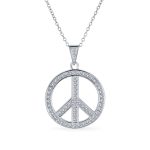 Pave CZ Peace Sign Pendant Necklace in Sterling Silver with Chain