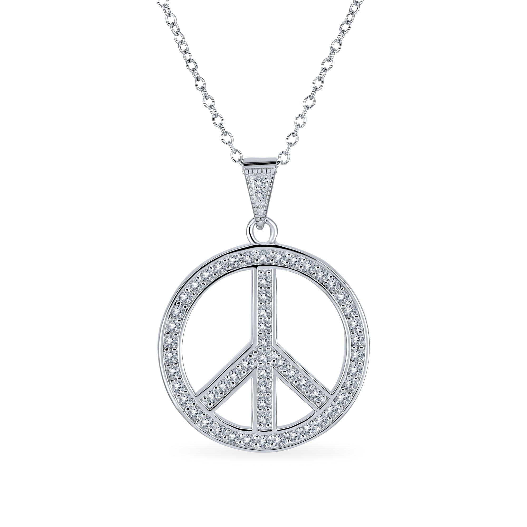 pendant-silver-peace-sign-neecklace_rc-5496_1 Pave CZ Peace Sign Pendant Necklace in Sterling Silver with Chain - Image 1