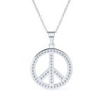 Pave CZ Peace Sign Pendant Necklace in Sterling Silver with Chain - Image 2