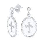 Christian Religious White Enamel Fleur De Lis Cross Dangle Earrings  Silver