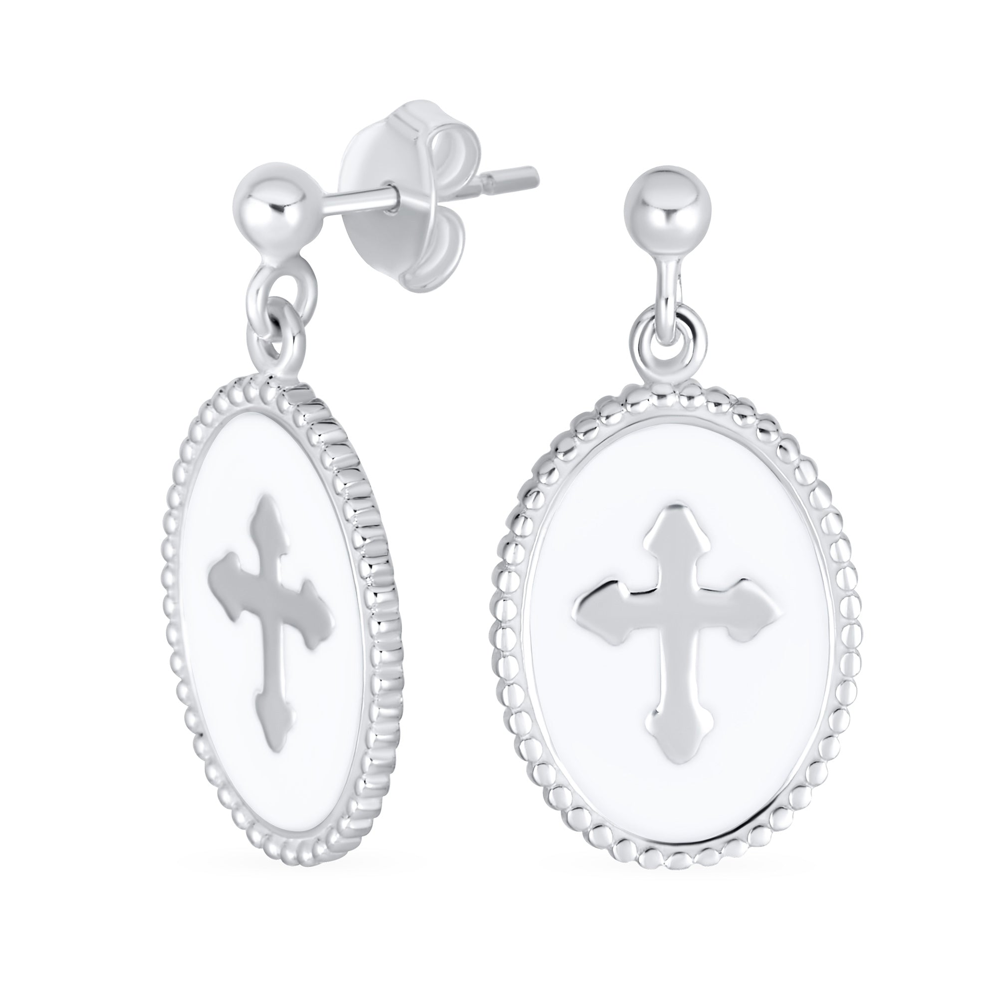 personalize-christian-oval-cross-earrings-srn-s792918e_01 Christian Religious White Enamel Fleur De Lis Cross Dangle Earrings Silver - Image 1