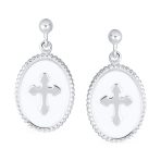 Christian Religious White Enamel Fleur De Lis Cross Dangle Earrings  Silver - Image 2