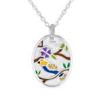 Oval Inlay Style Nature Bird Cameo Pendant Necklace .925 Sterling Silver
