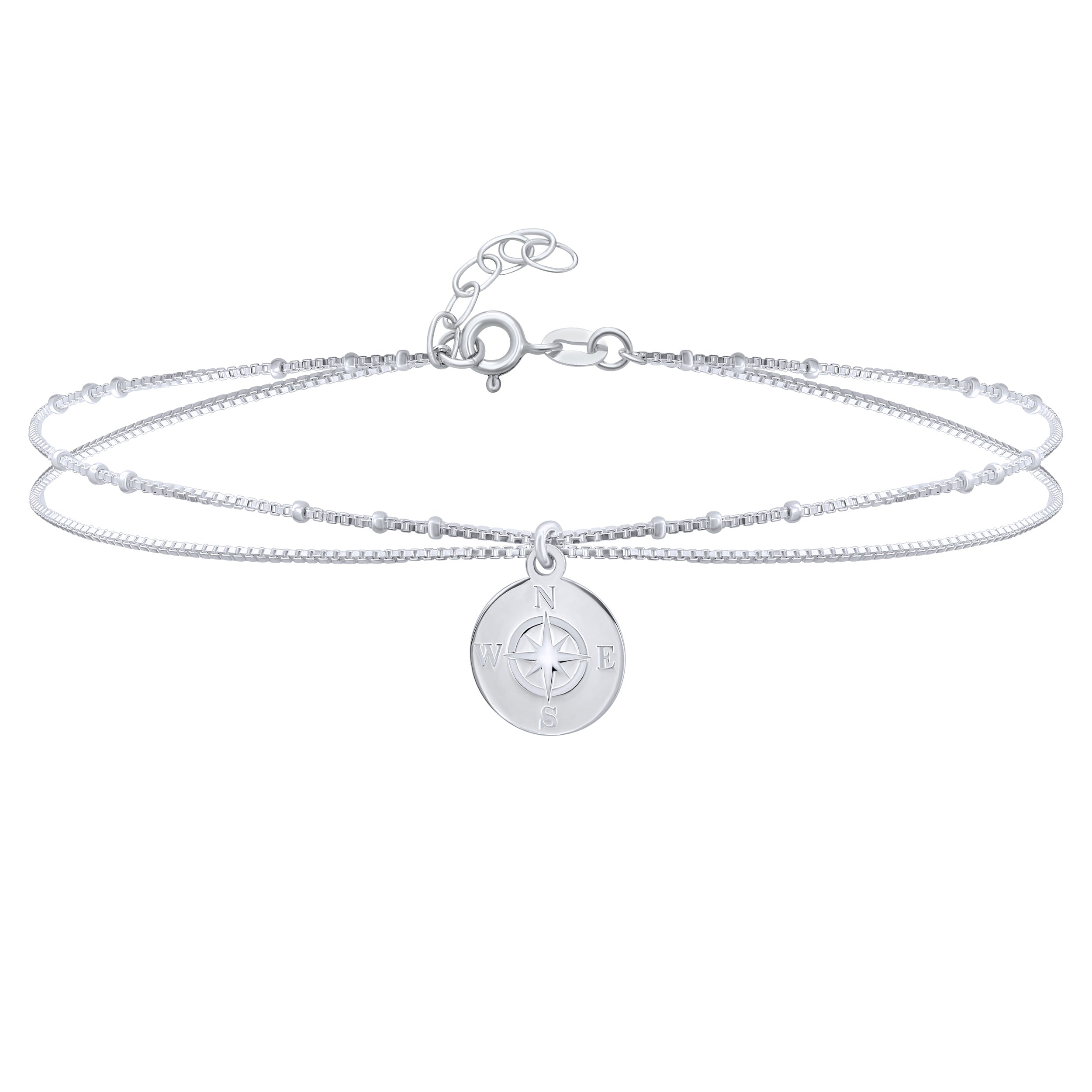 personalize-natical-medallion-compass-anklet-srn-s118624a_011 Nautical Compass Anklet Ankle Bracelet Sterling Silver 9-10 Inch - Image 1